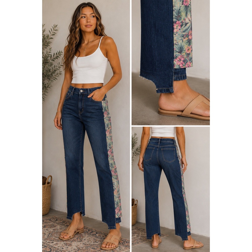 Easel Jeans Small Floral Stripe Straight Leg Boho Denim NWT Indie